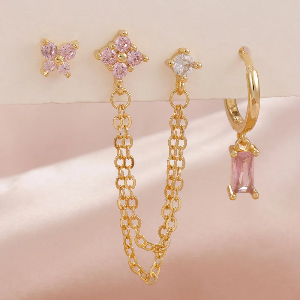 3-Piece Cubic Zirconia Stud Earrings Set – Stainless Steel Cartilage Jewelry with Birthstone Colors - Willen