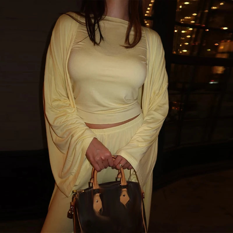 Women’s 3-Piece Summer Set – Long Coat, Tank Top & Wide-Leg Pants, Polyester, Yellow - Willen