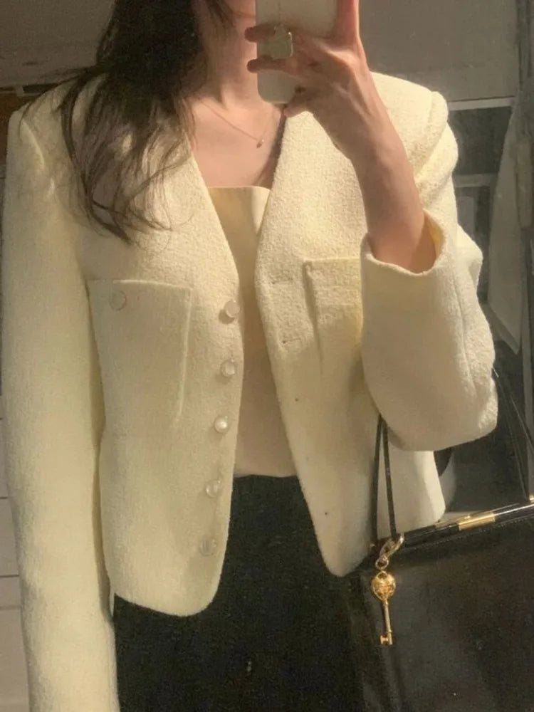 Women’s Short Tweed Jacket – V-Neck, Button Closure, Cotton-Polyester, Beige or Black - Willen