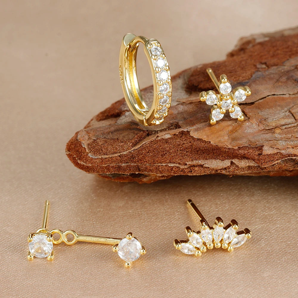 4-Piece Stainless Steel Earring Set – Gold Huggie Hoops & Cubic Zirconia Flower Studs - Willen