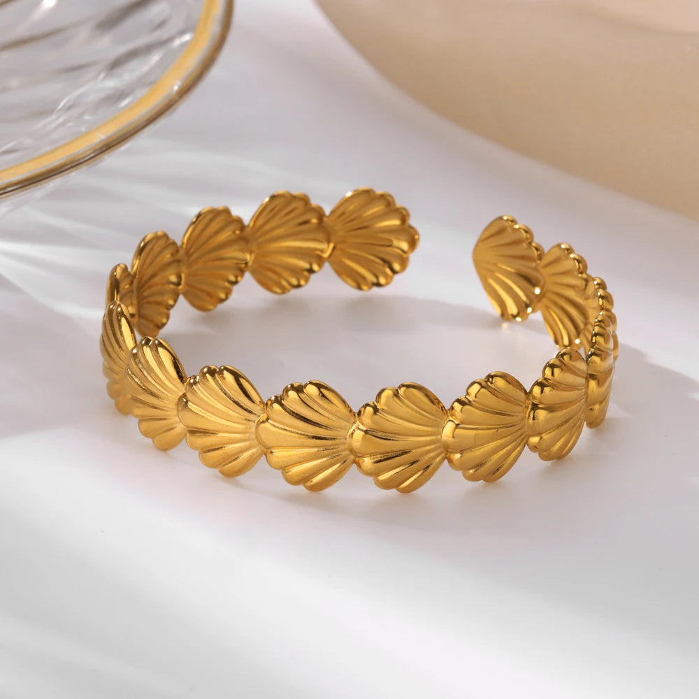 Gold Floral Etched Cuff Bracelet – Wide Stainless Steel Bangle for Women - Willen