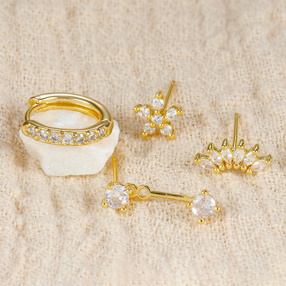 4-Piece Stainless Steel Earring Set – Gold Huggie Hoops & Cubic Zirconia Flower Studs - Willen