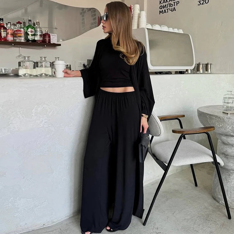 Women’s 3-Piece Summer Set – Long Coat, Tank Top & Wide-Leg Pants, Polyester, Yellow - Willen