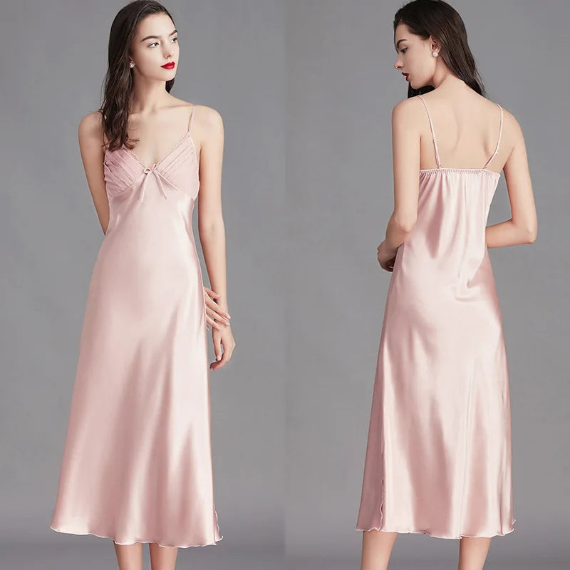 Satin Nightgown – Sleeveless Mid-Length Sleepwear, Lace V-Neck - Willen