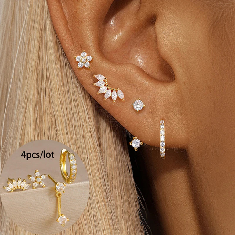 4-Piece Stainless Steel Earring Set – Gold Huggie Hoops & Cubic Zirconia Flower Studs - Willen