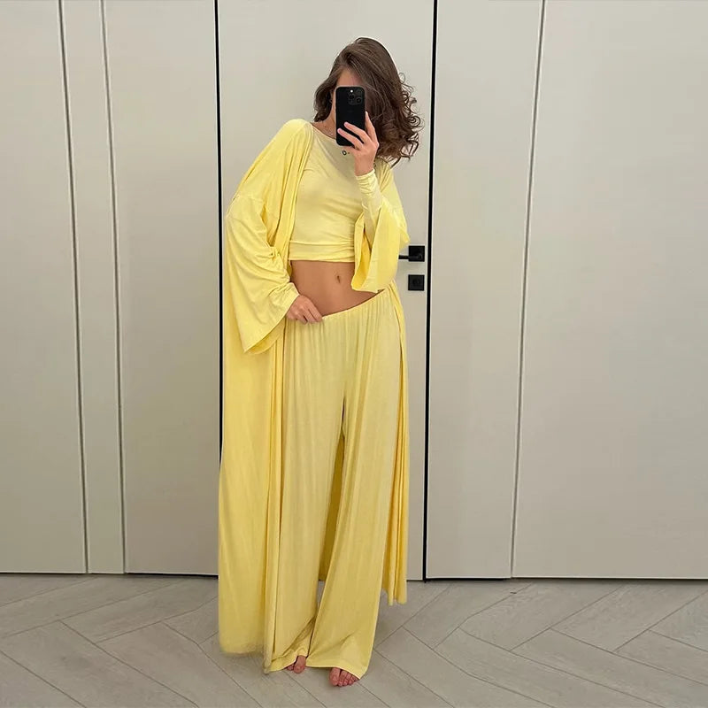 Women’s 3-Piece Summer Set – Long Coat, Tank Top & Wide-Leg Pants, Polyester, Yellow - Willen