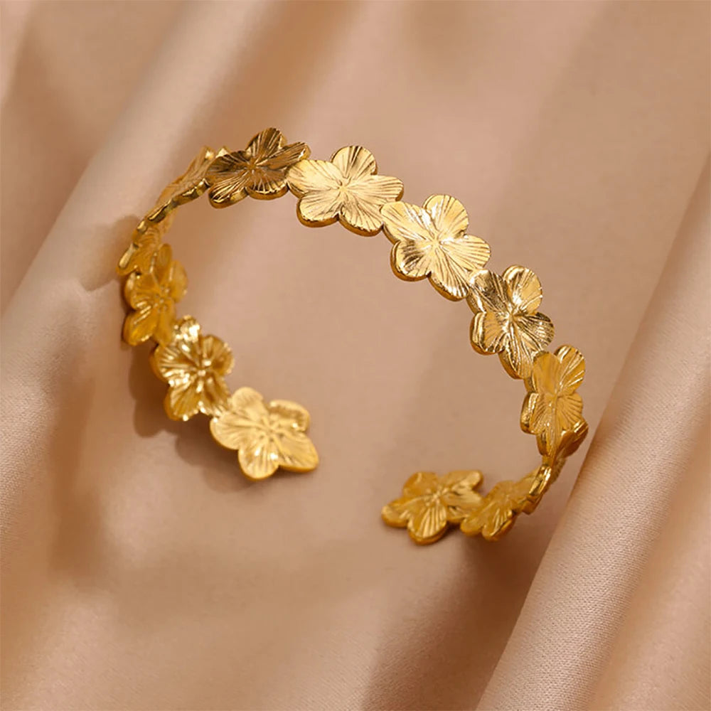 Gold Floral Etched Cuff Bracelet – Wide Stainless Steel Bangle for Women - Willen