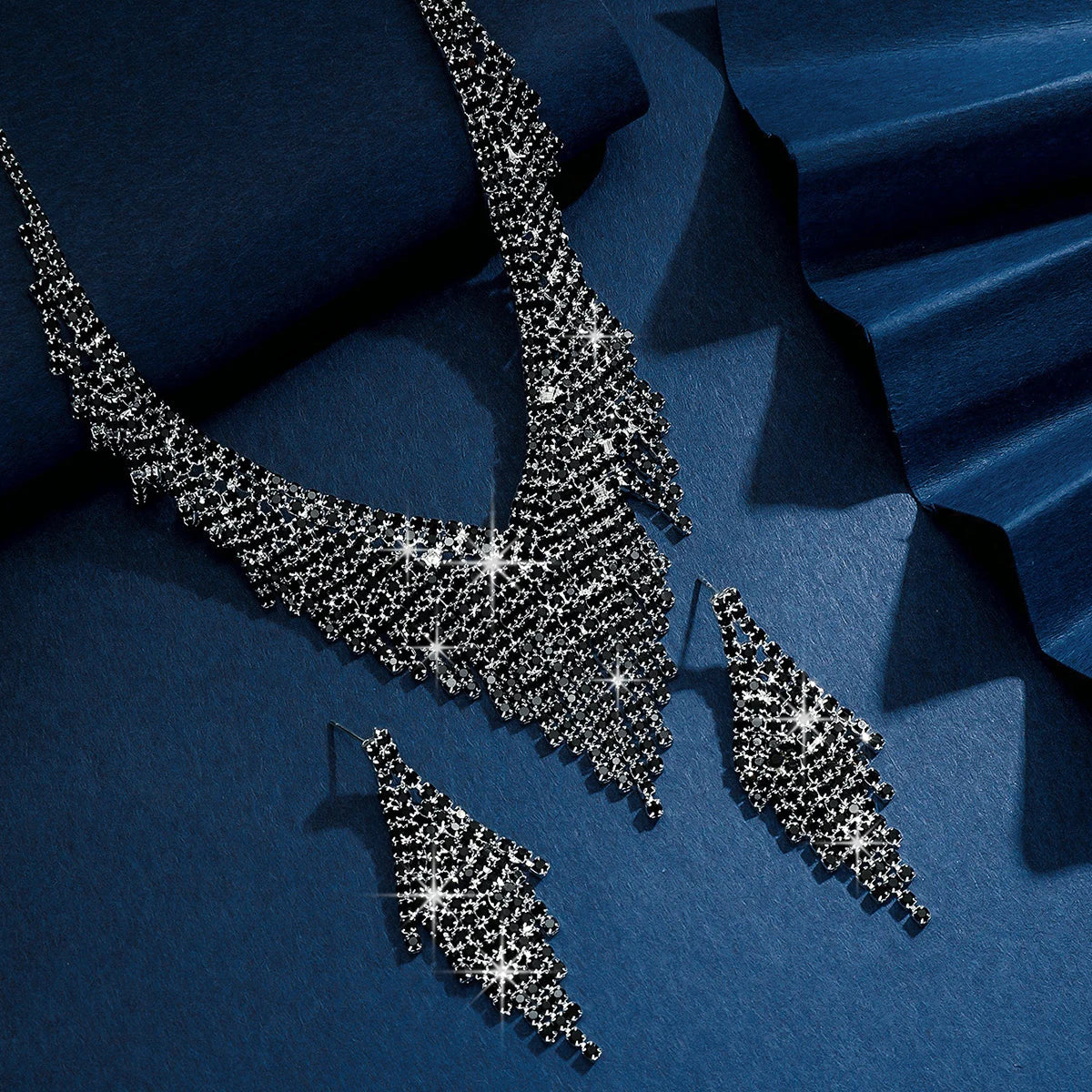 3-Piece Tassel Jewelry Set – Black crystal-accent Necklace & Earrings - Willen