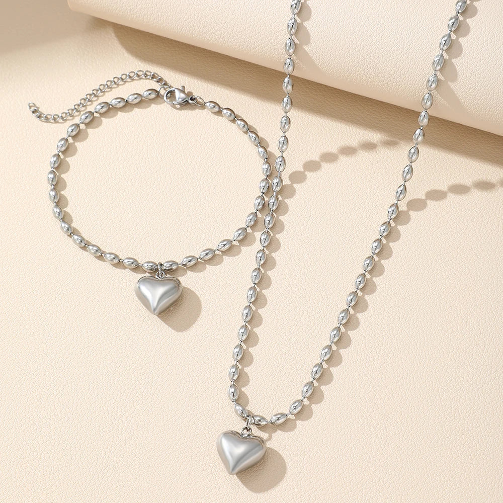 Heart Pendant Jewelry Set – Stainless Steel Necklace & Earrings, Beaded Chain Design - Willen