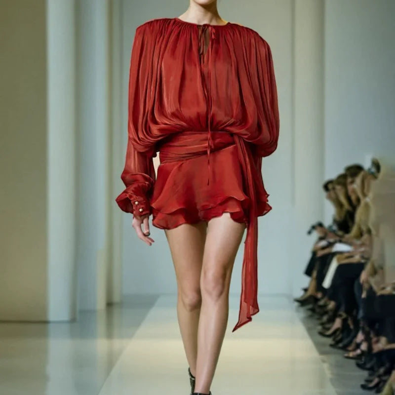 PuffLace Sweetheart Dress – Knee-Length Chiffon Dress with Puff Sleeves and Lace Details - Willen