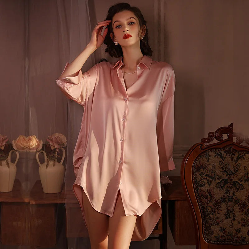 Satin Sleepshirt – Button-Down Nightshirt with Notch Collar, Long Sleeves - Willen