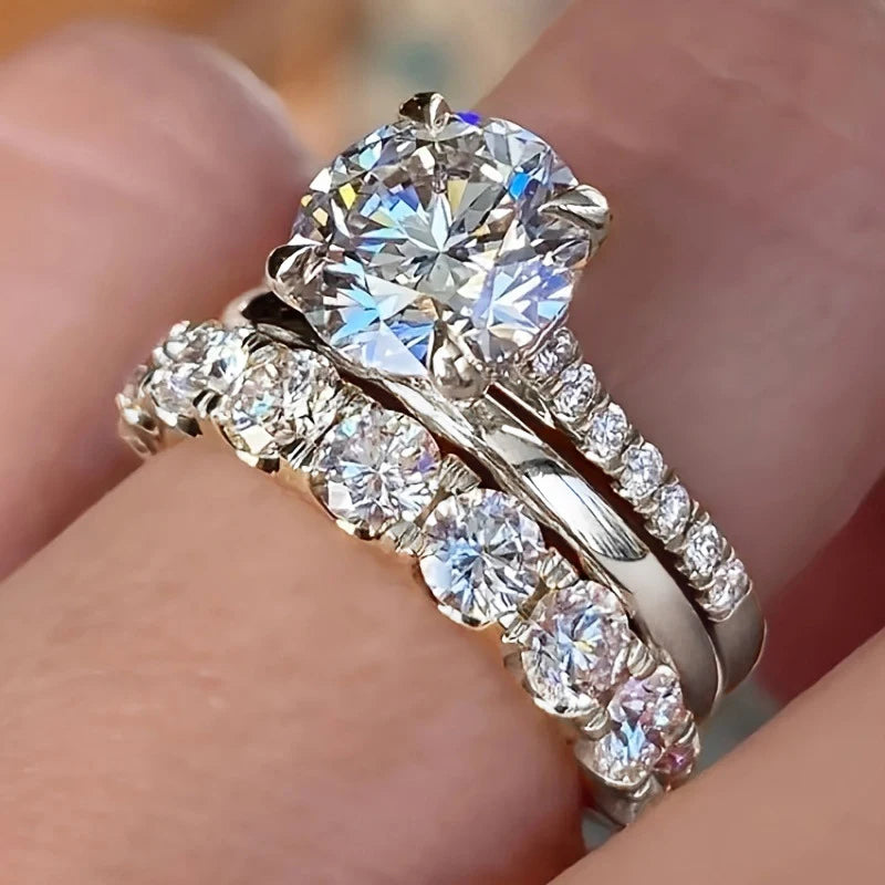 3-Piece Cubic Zirconia Ring Set – Gold-Tone Round Stackable Fashion Rings for Women - Willen