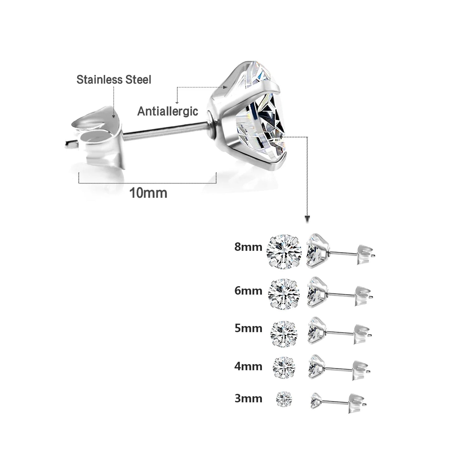 Stainless Steel Stud Earrings – Round Cubic Zirconia with Screw-Back, Unisex Design - Willen