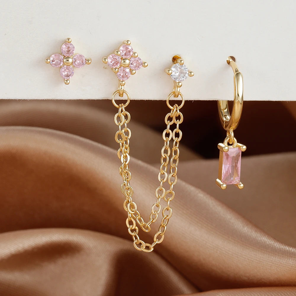 3-Piece Cubic Zirconia Stud Earrings Set – Stainless Steel Cartilage Jewelry with Birthstone Colors - Willen