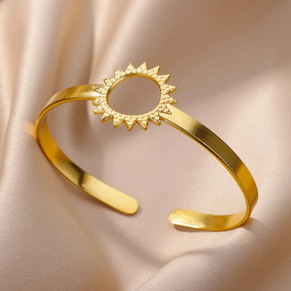 Gold Floral Etched Cuff Bracelet – Wide Stainless Steel Bangle for Women - Willen