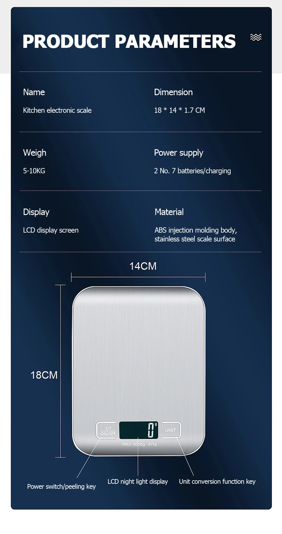Digital Kitchen Scale – Stainless Steel, LCD Display, 5–10kg - Willen