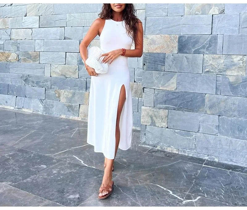 Sleeveless Knit Midi Dress – Empire Waist, Side Slit - Willen