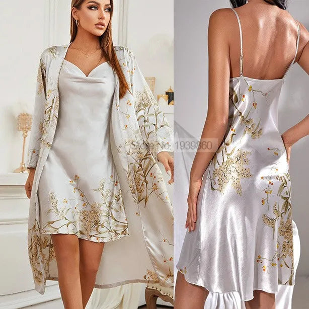 Satin Sleepwear Set – Two-Piece Robe and Nightgown with Cherry Print - Willen