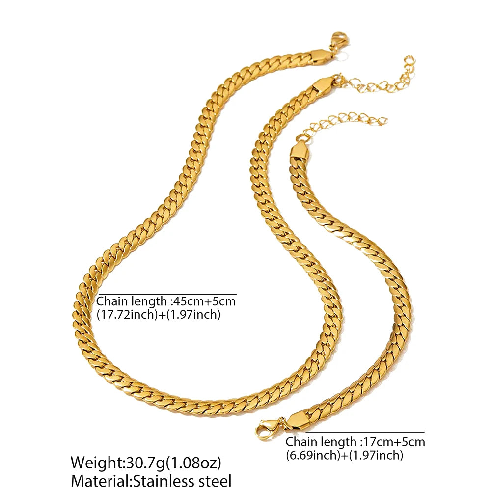 Gold-Tone Cuban Chain Set – Flat Stainless Steel Necklace & Bracelet - Willen
