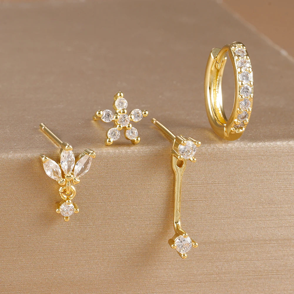 4-Piece Stainless Steel Earring Set – Gold Huggie Hoops & Cubic Zirconia Flower Studs - Willen