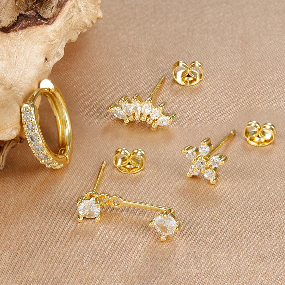 4-Piece Stainless Steel Earring Set – Gold Huggie Hoops & Cubic Zirconia Flower Studs - Willen