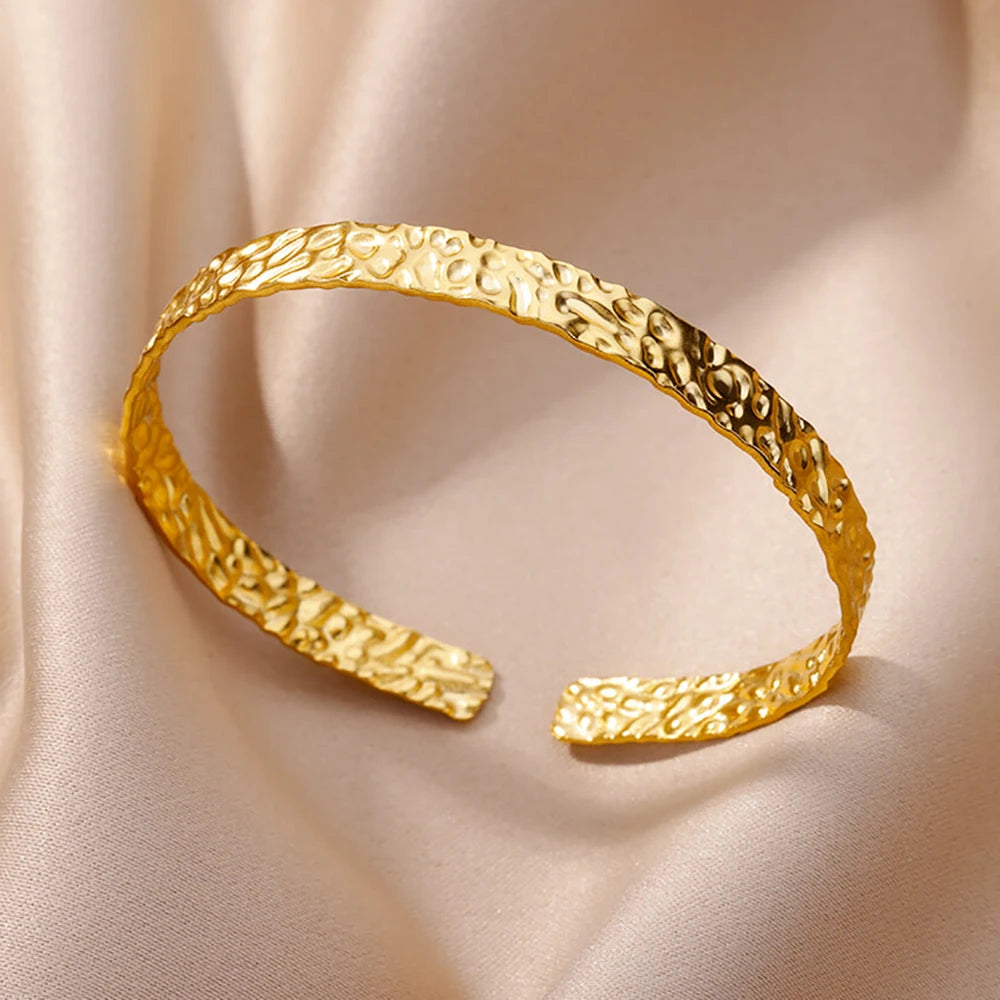 Gold Floral Etched Cuff Bracelet – Wide Stainless Steel Bangle for Women - Willen