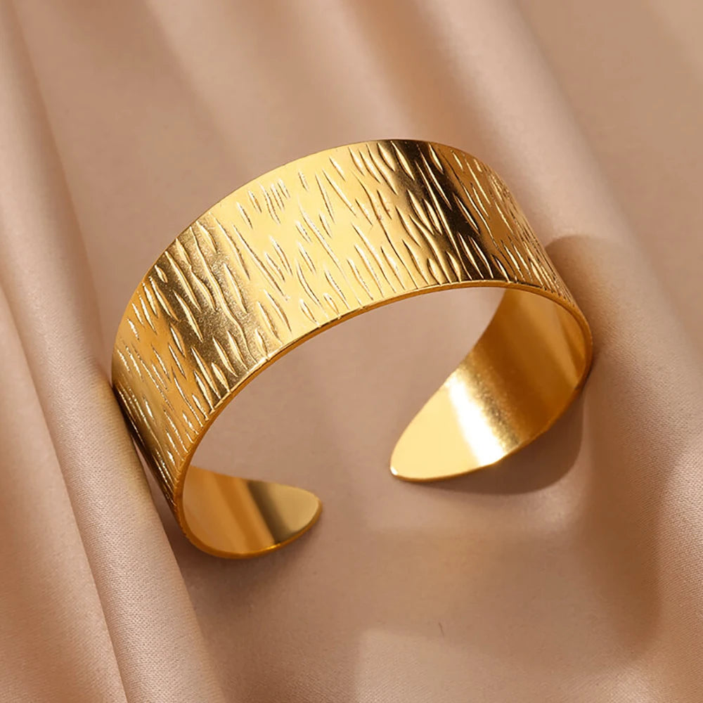 Gold Floral Etched Cuff Bracelet – Wide Stainless Steel Bangle for Women - Willen