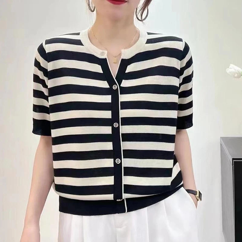 Women’s V-Neck Summer T-Shirt – Ice Silk Blend, Button Detail - Willen