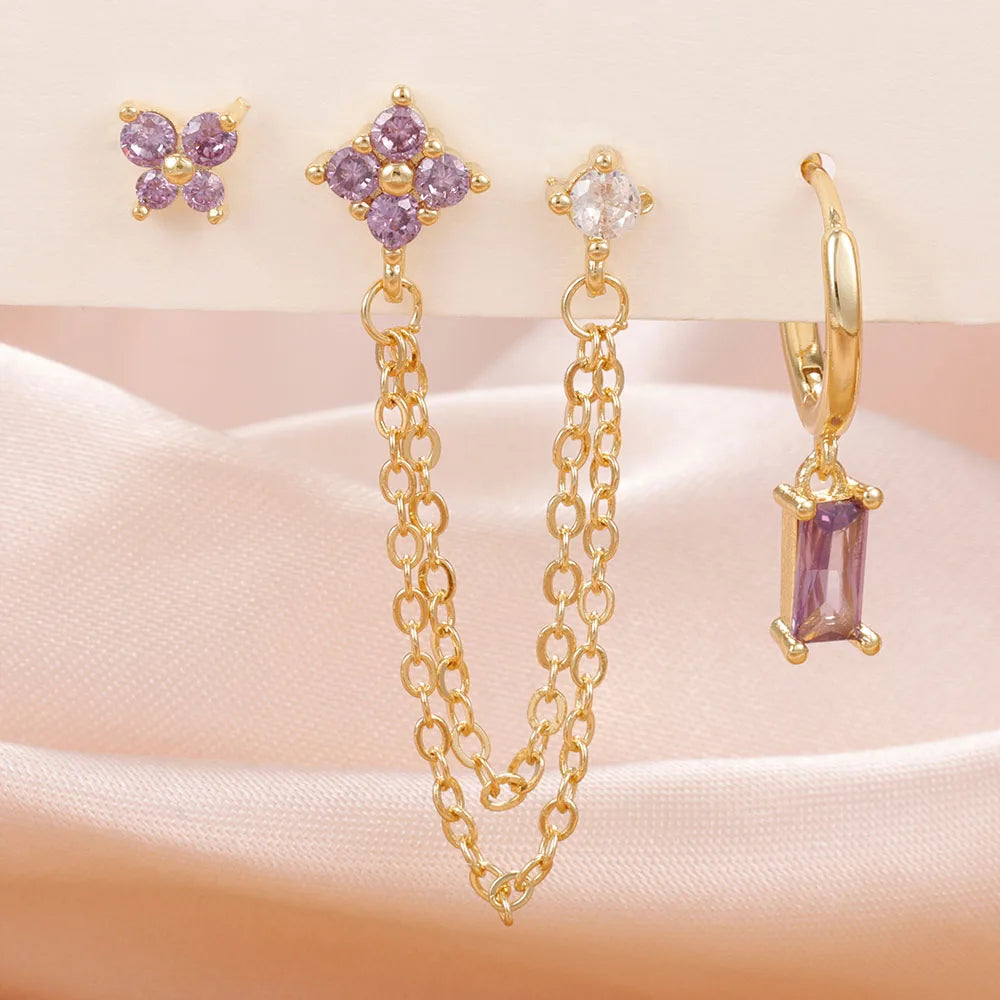 3-Piece Cubic Zirconia Stud Earrings Set – Stainless Steel Cartilage Jewelry with Birthstone Colors - Willen