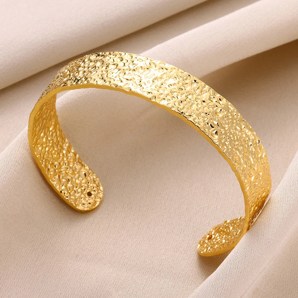 Gold Floral Etched Cuff Bracelet – Wide Stainless Steel Bangle for Women - Willen