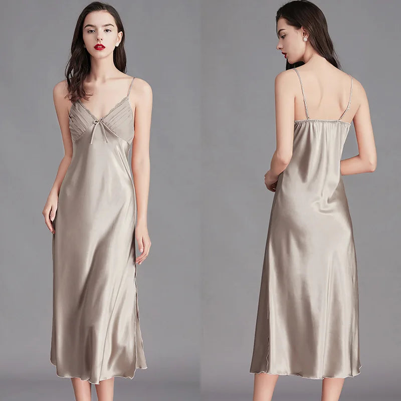 Satin Nightgown – Sleeveless Mid-Length Sleepwear, Lace V-Neck - Willen