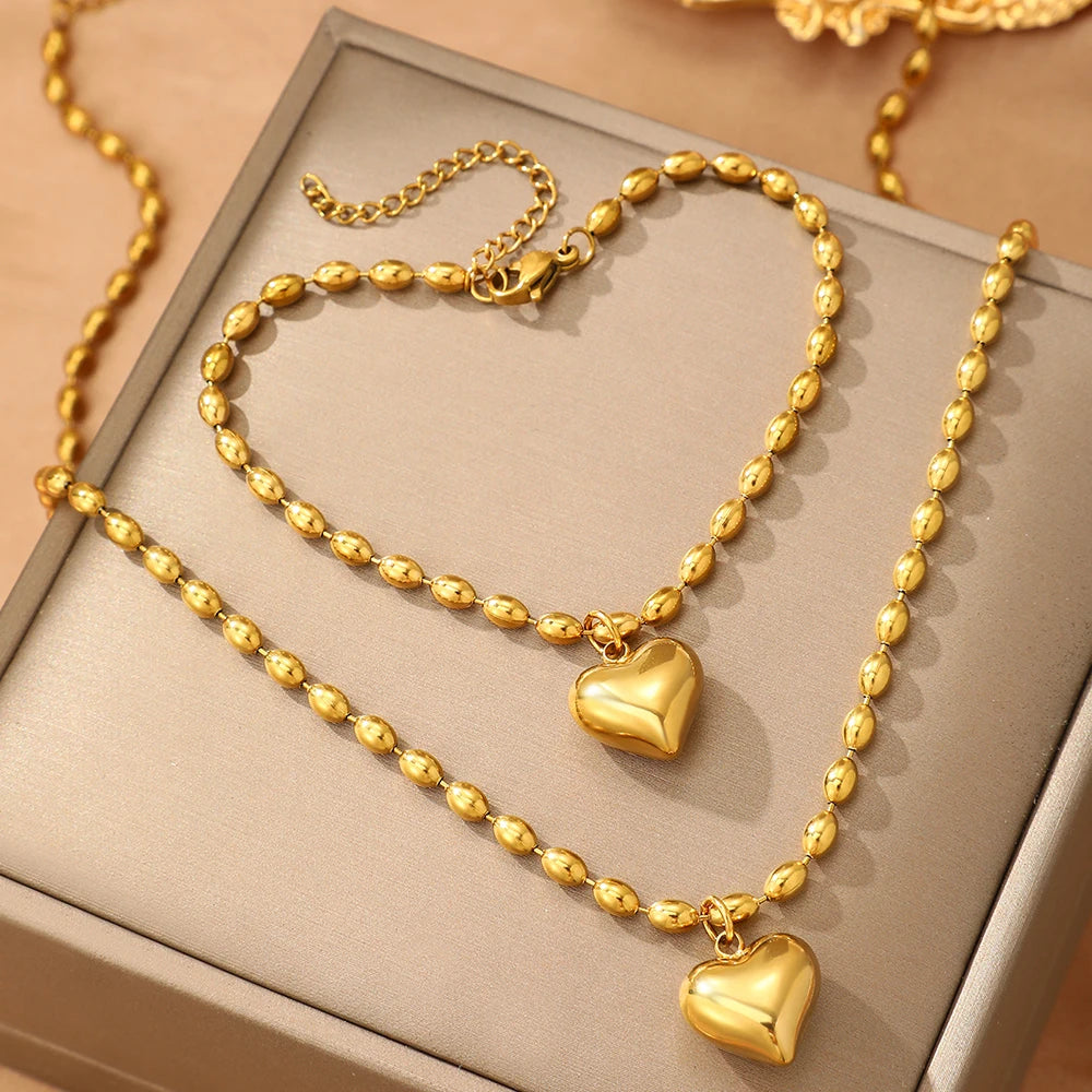 Heart Pendant Jewelry Set – Stainless Steel Necklace & Earrings, Beaded Chain Design - Willen
