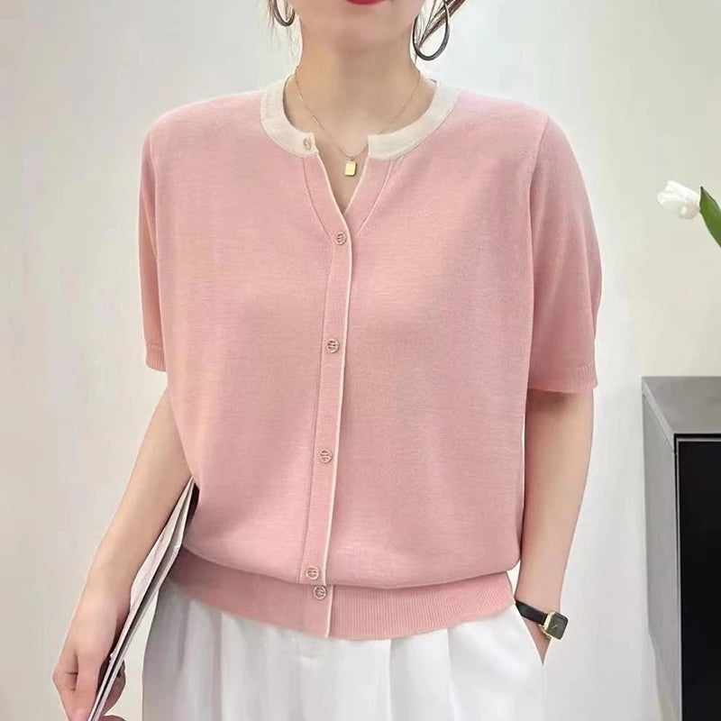 Women’s V-Neck Summer T-Shirt – Ice Silk Blend, Button Detail - Willen