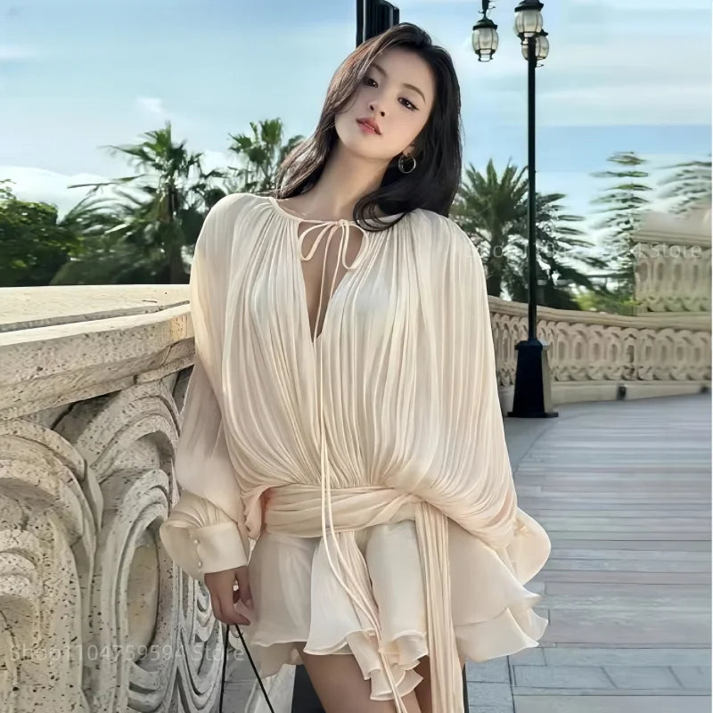 PuffLace Sweetheart Dress – Knee-Length Chiffon Dress with Puff Sleeves and Lace Details - Willen