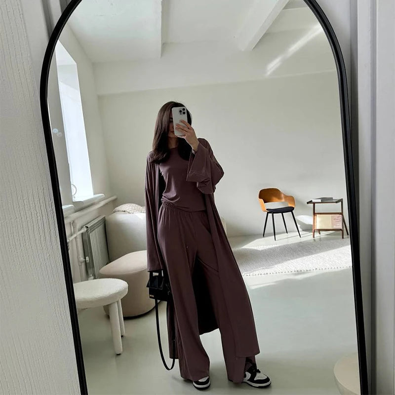 Women’s 3-Piece Summer Set – Long Coat, Tank Top & Wide-Leg Pants, Polyester, Yellow - Willen