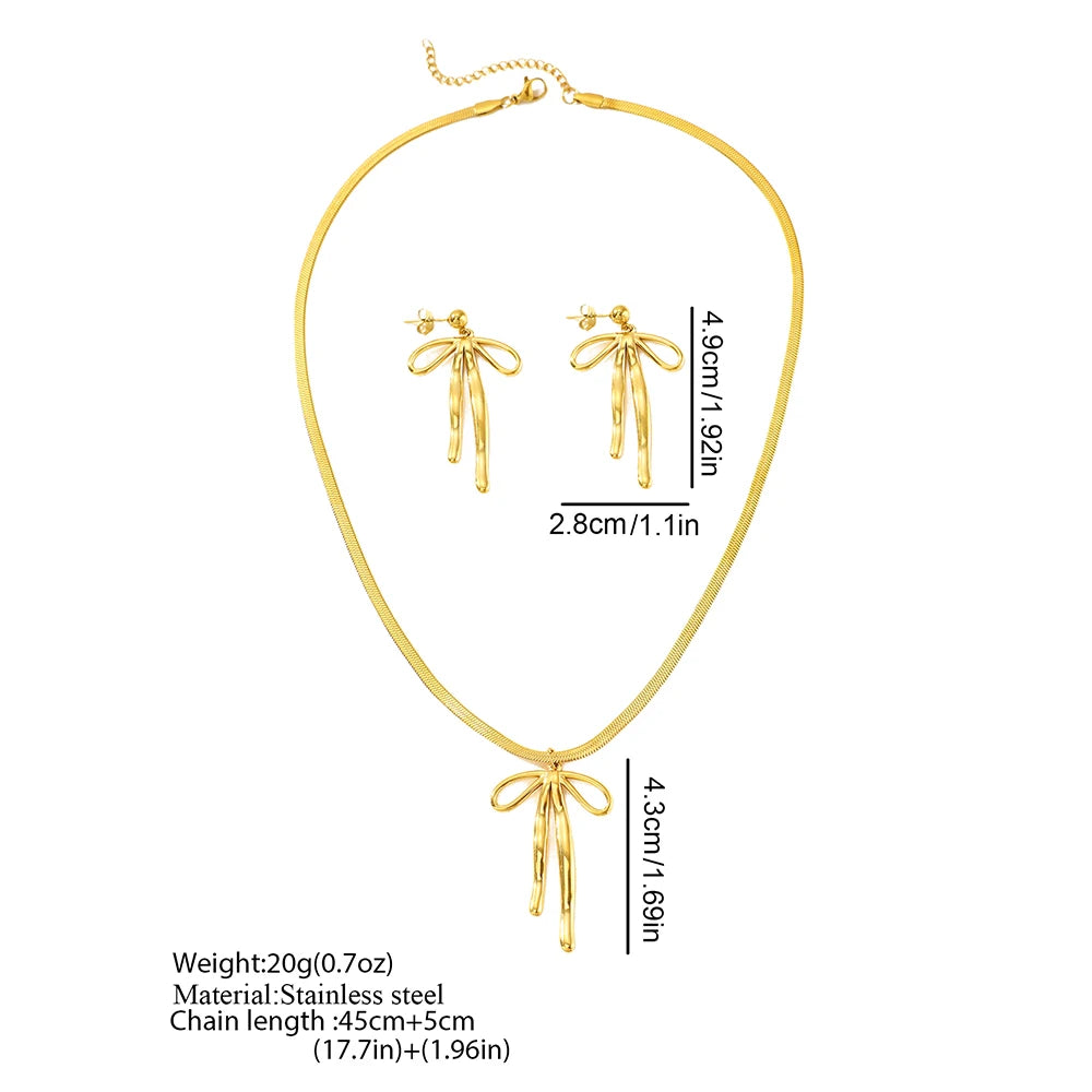 Stainless Steel Bow Pendant Jewelry Set – Snake Chain Necklace with Matching Stud Earrings - Willen