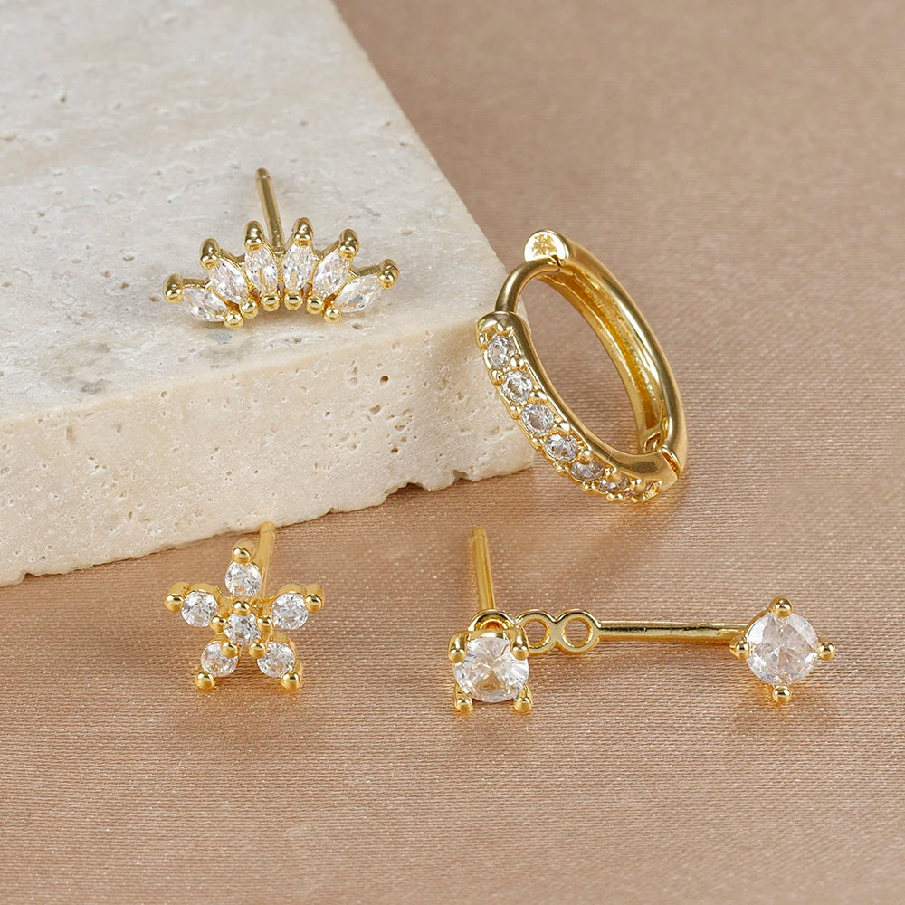 4-Piece Stainless Steel Earring Set – Gold Huggie Hoops & Cubic Zirconia Flower Studs - Willen