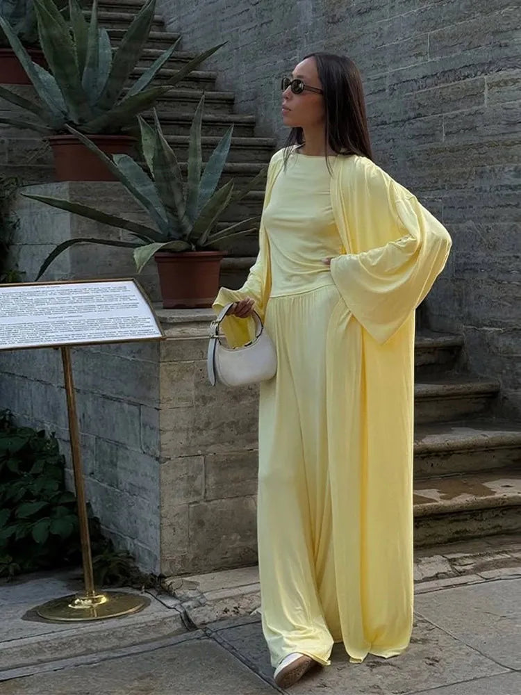 Women’s 3-Piece Summer Set – Long Coat, Tank Top & Wide-Leg Pants, Polyester, Yellow - Willen