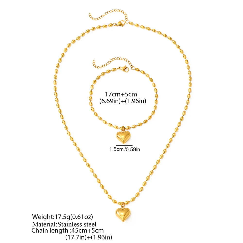 Heart Pendant Jewelry Set – Stainless Steel Necklace & Earrings, Beaded Chain Design - Willen