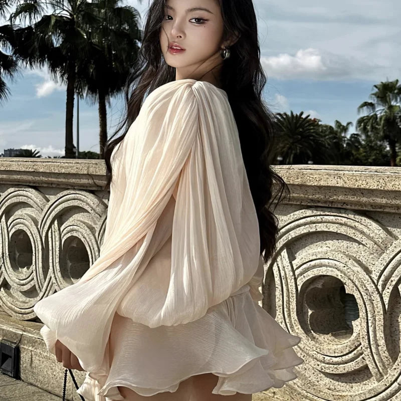 PuffLace Sweetheart Dress – Knee-Length Chiffon Dress with Puff Sleeves and Lace Details - Willen