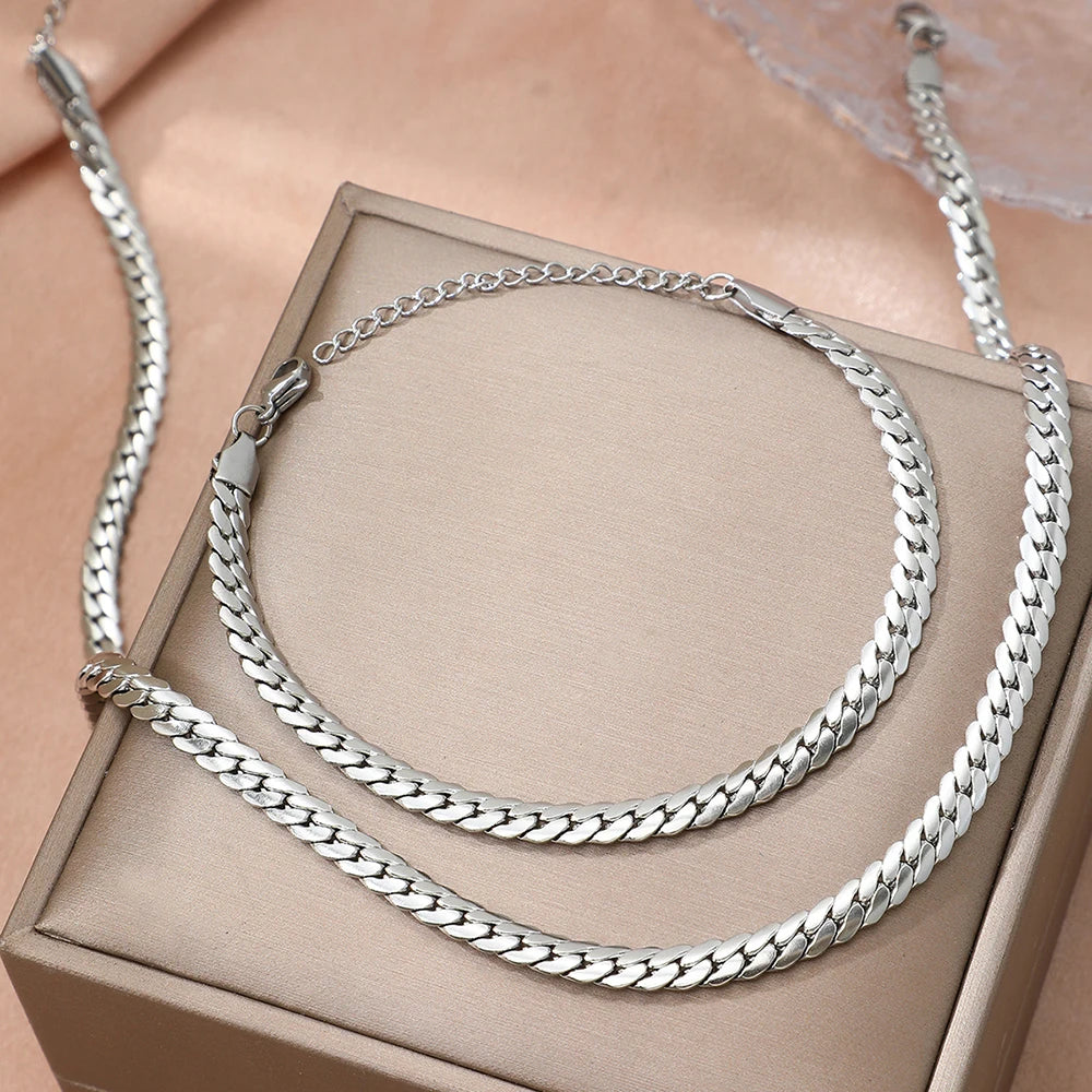 Gold-Tone Cuban Chain Set – Flat Stainless Steel Necklace & Bracelet - Willen