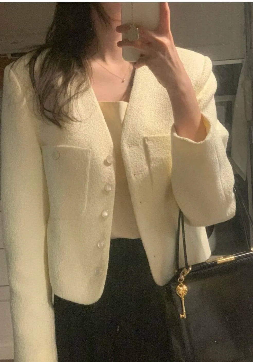 Women’s Short Tweed Jacket – V-Neck, Button Closure, Cotton-Polyester, Beige or Black - Willen