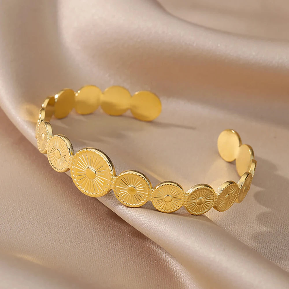 Gold Floral Etched Cuff Bracelet – Wide Stainless Steel Bangle for Women - Willen