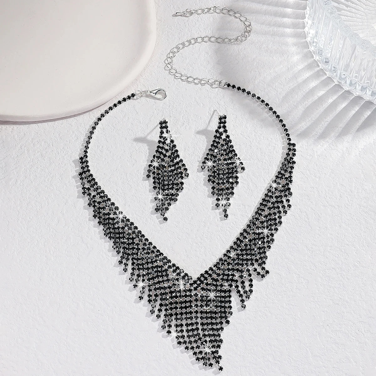3-Piece Tassel Jewelry Set – Black crystal-accent Necklace & Earrings - Willen