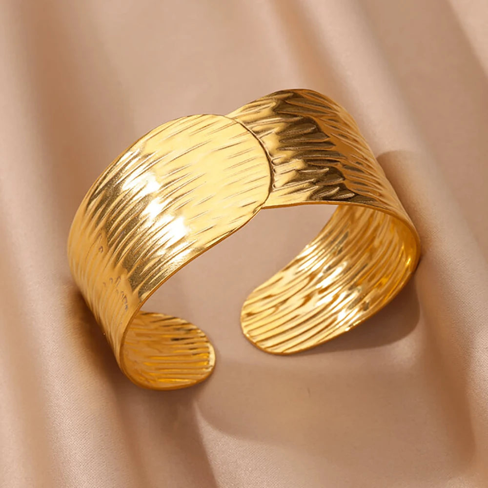 Gold Floral Etched Cuff Bracelet – Wide Stainless Steel Bangle for Women - Willen