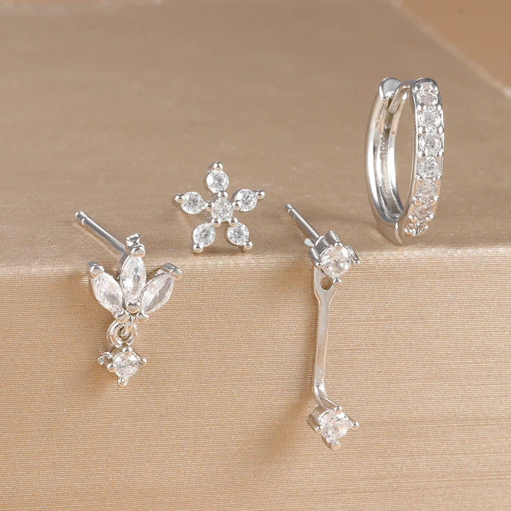 4-Piece Stainless Steel Earring Set – Gold Huggie Hoops & Cubic Zirconia Flower Studs - Willen