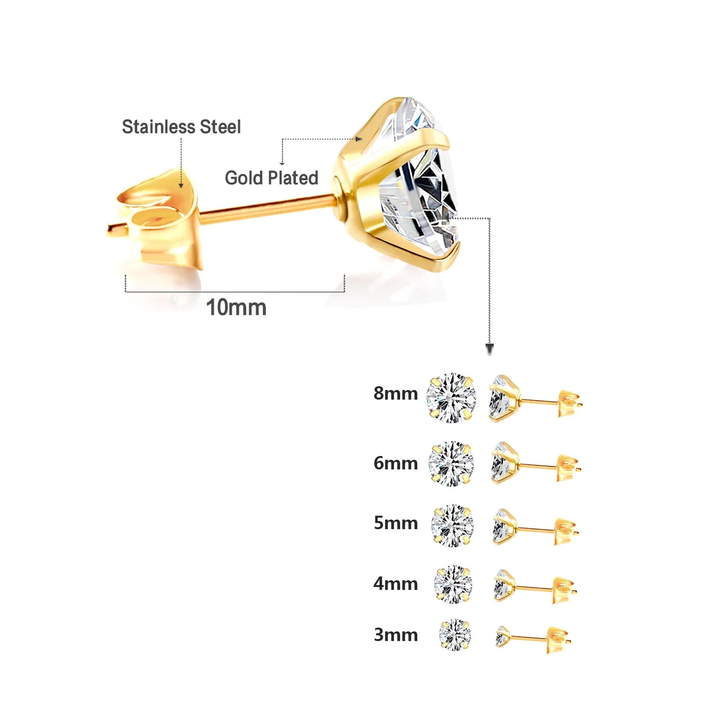 Stainless Steel Stud Earrings – Round Cubic Zirconia with Screw-Back, Unisex Design - Willen