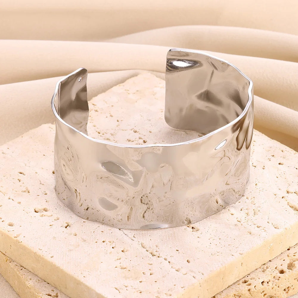 Gold Floral Etched Cuff Bracelet – Wide Stainless Steel Bangle for Women - Willen
