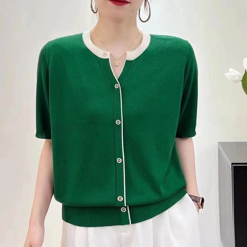 Women’s V-Neck Summer T-Shirt – Ice Silk Blend, Button Detail - Willen