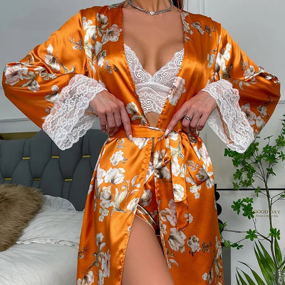 LunaLace V-Neck Satin Nightgown – Lightweight Sleepwear Robe with Floral Print - Willen